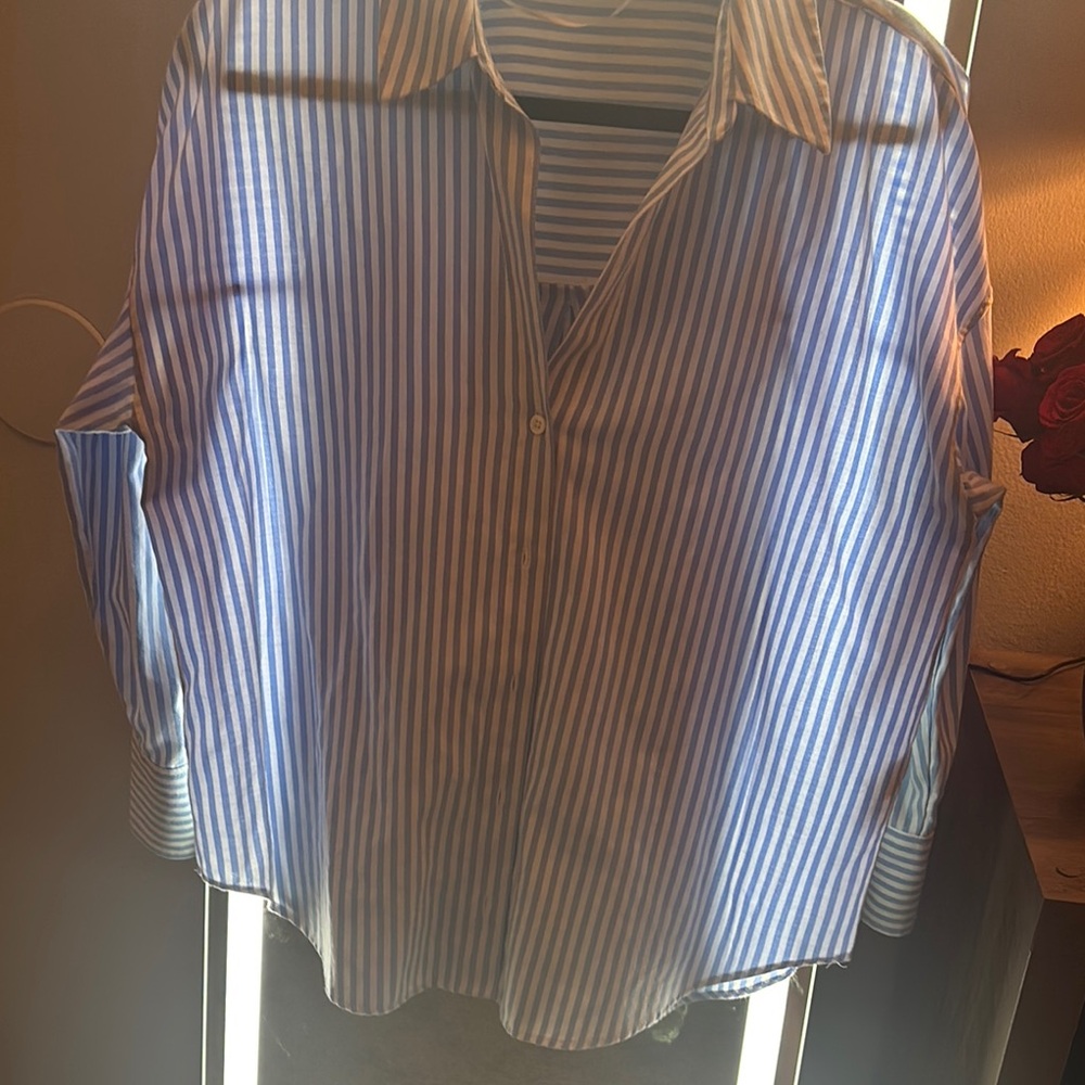 Zara Light Blue and White Striped Shirt